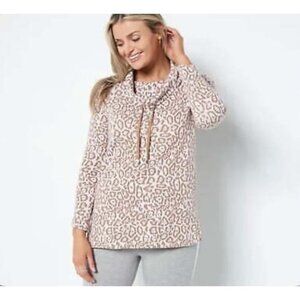 AnyBody Leopard French Terry Pullover Cowl Neck Sweater Size 1X Desert Olive NEW